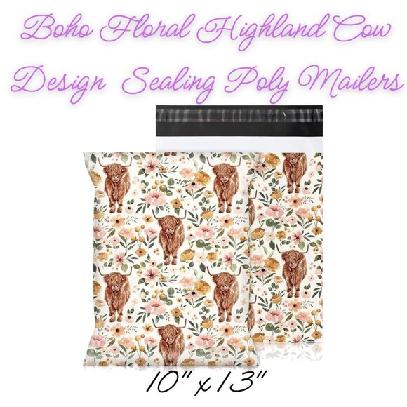 Boho Floral Highland Cow Design Poly Mailer ~ Qty 20 ~ Size 10x13 - Picture 3 of 3